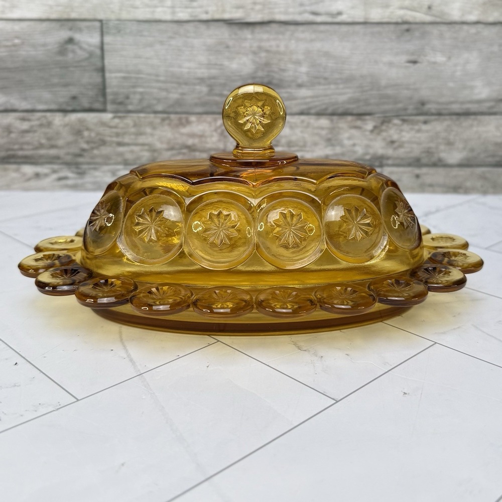 LE Smith Moon & Stars Blue Glass Covered Butter Dish Oval Vintage